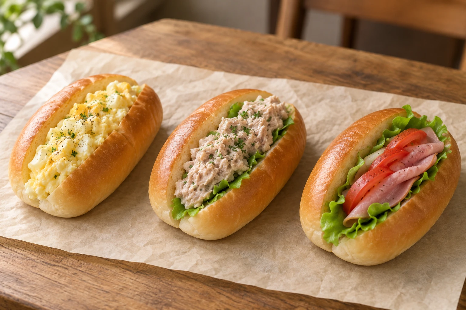 Illustration von Eierbrötchen, Thunfischbrötchen und gemischten belegten Brötchen