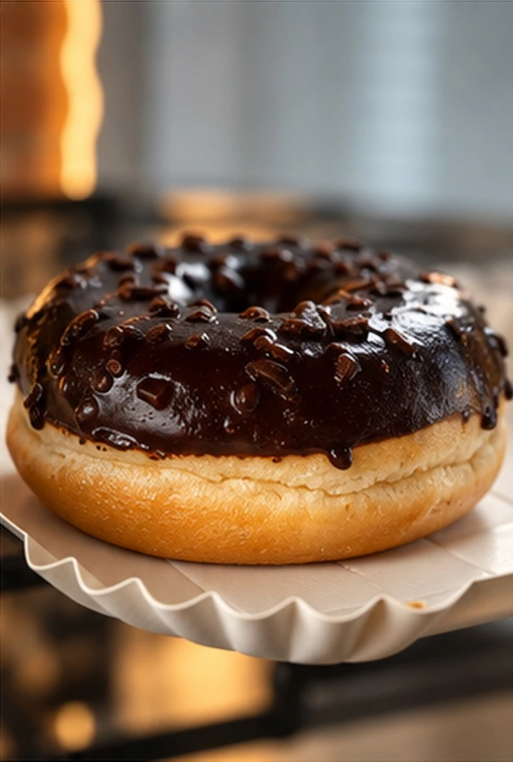 Donut mit dunkler Glasur aus der Café-Theke