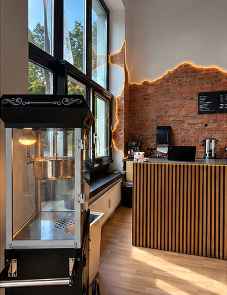 Sonnenlicht im Café, Popcornmaschine und Verkaufstheke